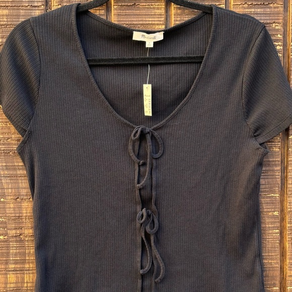 NWTS Madewell Ribbed Black Tie Bow Short Sleeve - Picture 3 of 14